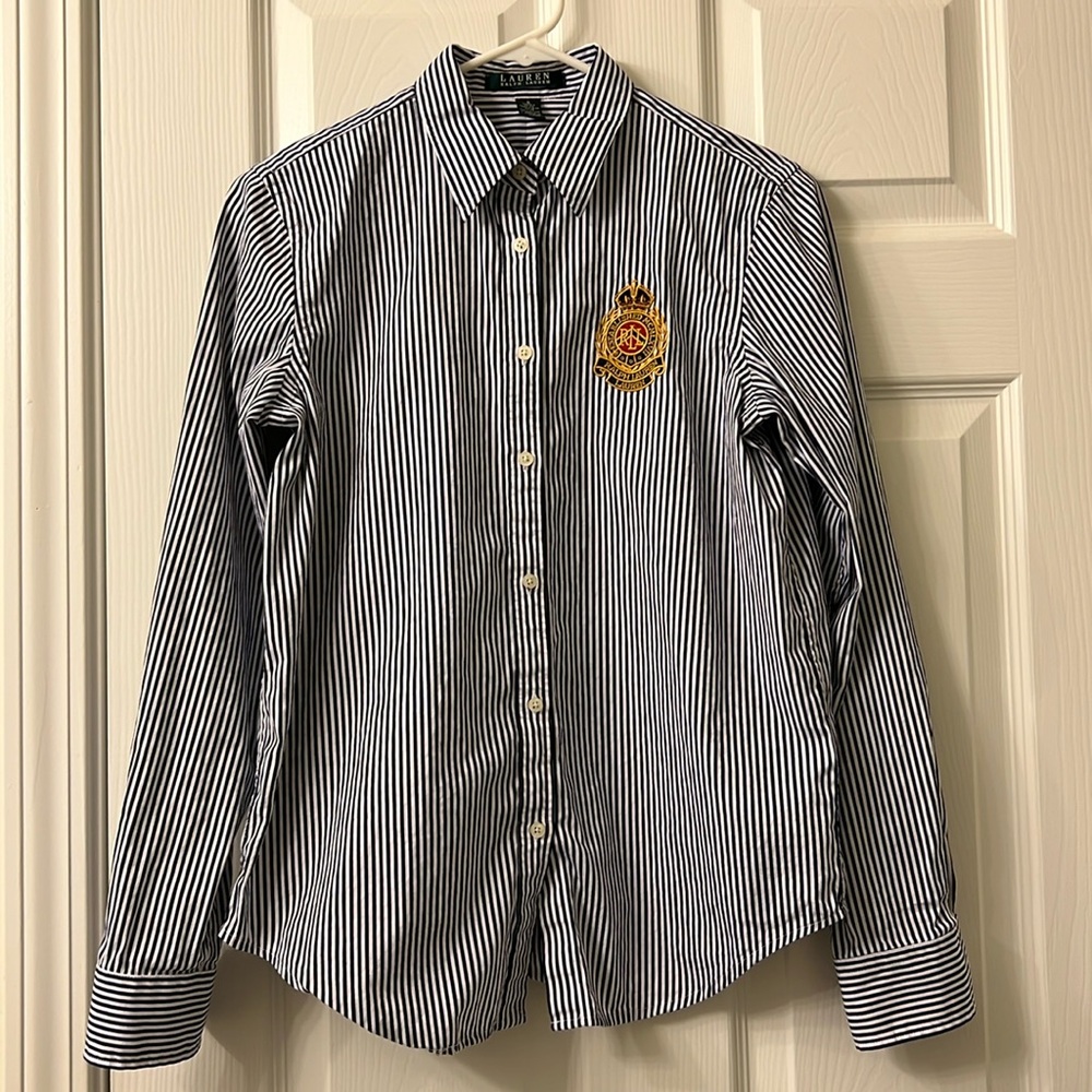 Lauren Ralph Lauren Navy and White Striped Button Down Shirt